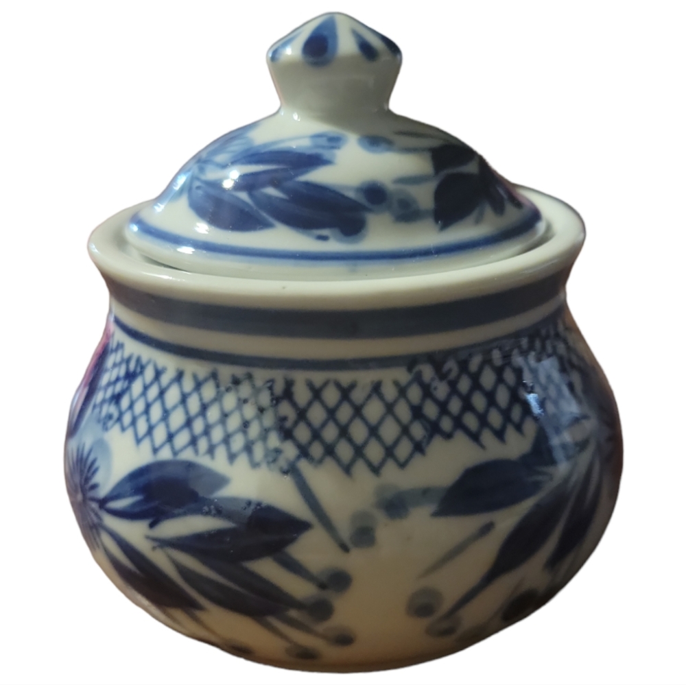 Vtg Blue White Floral Oriental Porcelain Lidded Sugar Bowl Dish - Picture 4 of 8